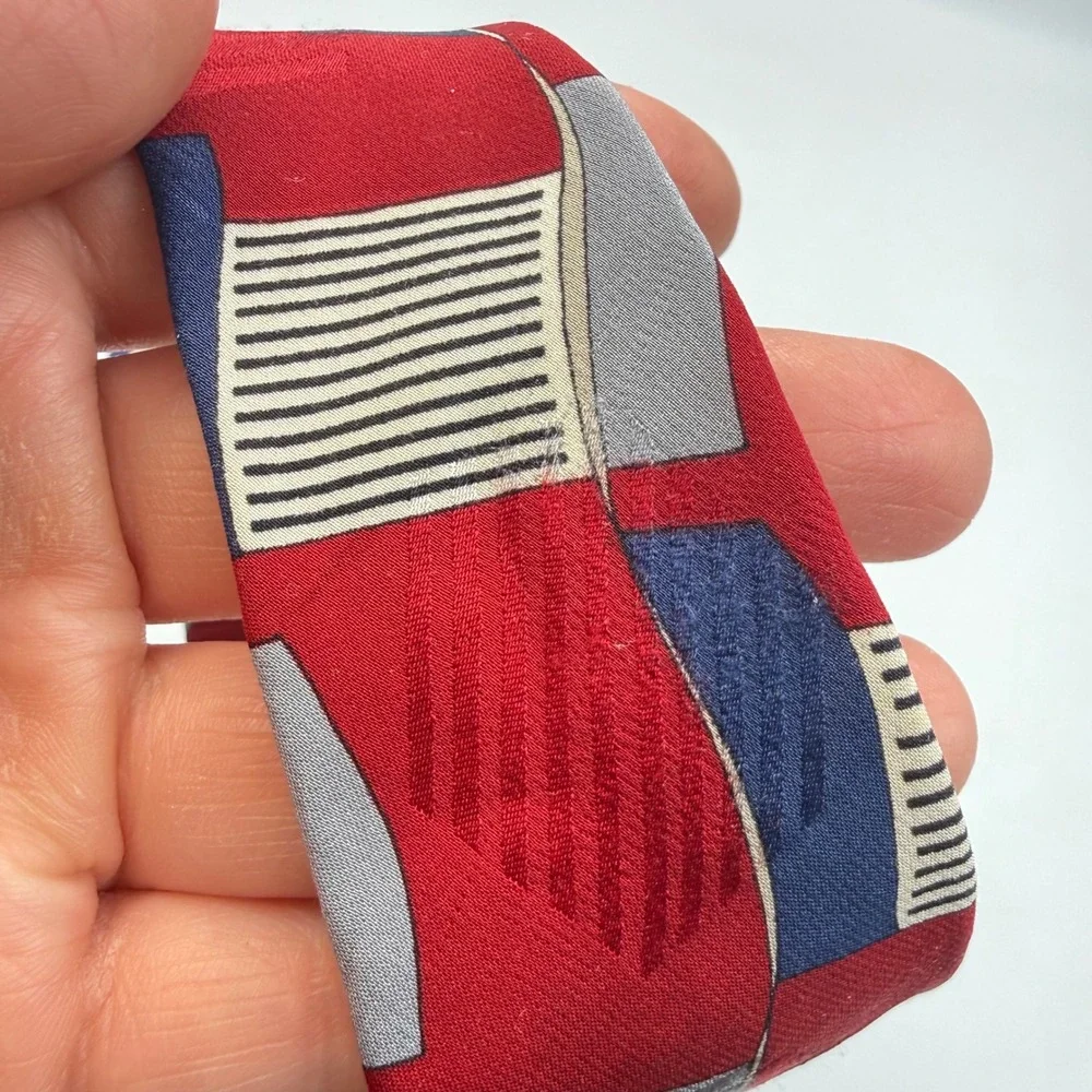 John Henry Mens Silk Tie Red‎ Blue Grey Geometric Abstract Vintage Made in USA